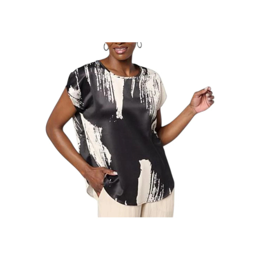 WynneCollection Women's Printed Satin Cap-Sleeve Top Black Combo - Regular